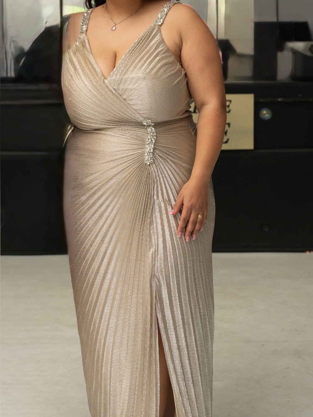 Plus Size Champagne gold Maxi Dress with Rhinestone Detail , super flattering